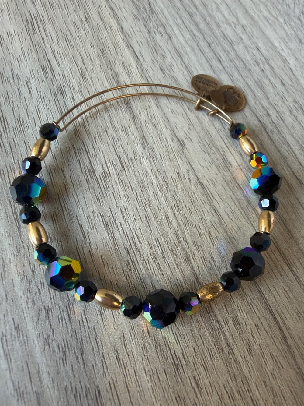 Alex and Ani Gold-Tone Bracelet with Black and Iridescent Beads